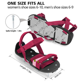 DenForste red aerator shoes showing aluminum base and plastic sole for stability.