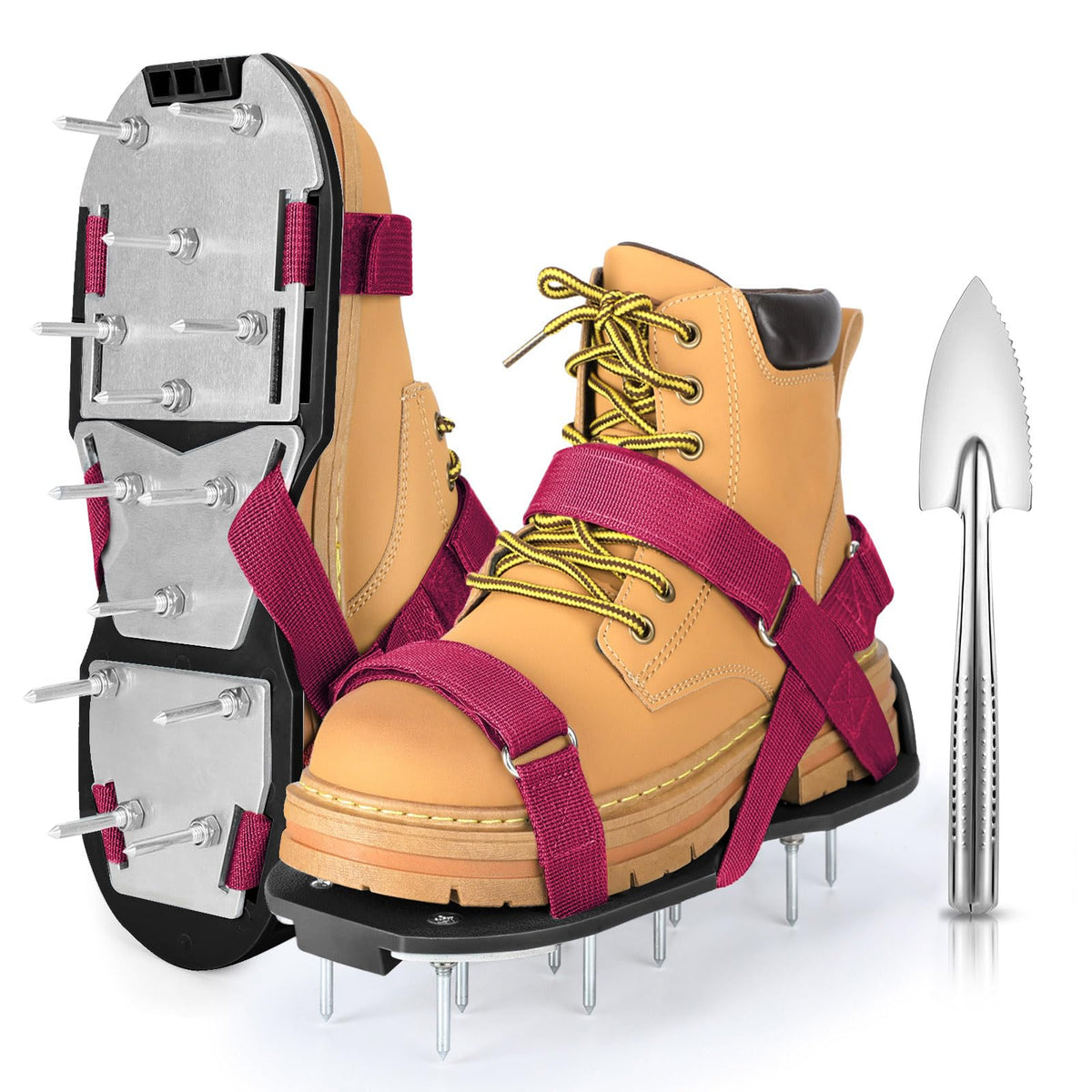 DenForste red lawn aerator shoes, fully assembled for easy use.