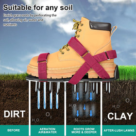 DenForste red aerator shoes in action on the lawn to aerate while walking.