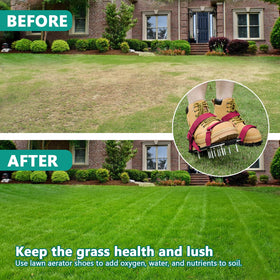 DenForste red lawn aerator shoes packaging, ready to ship.