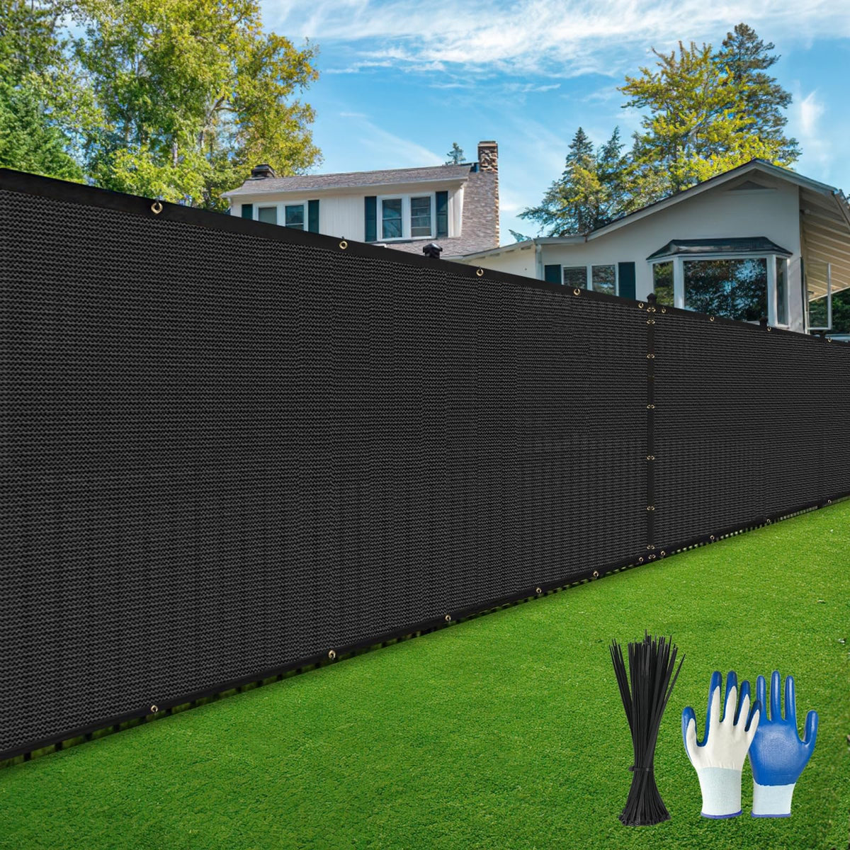 DenForste privacy screen 4x50ft during assembly highlights easy setup with sturdy grommets.