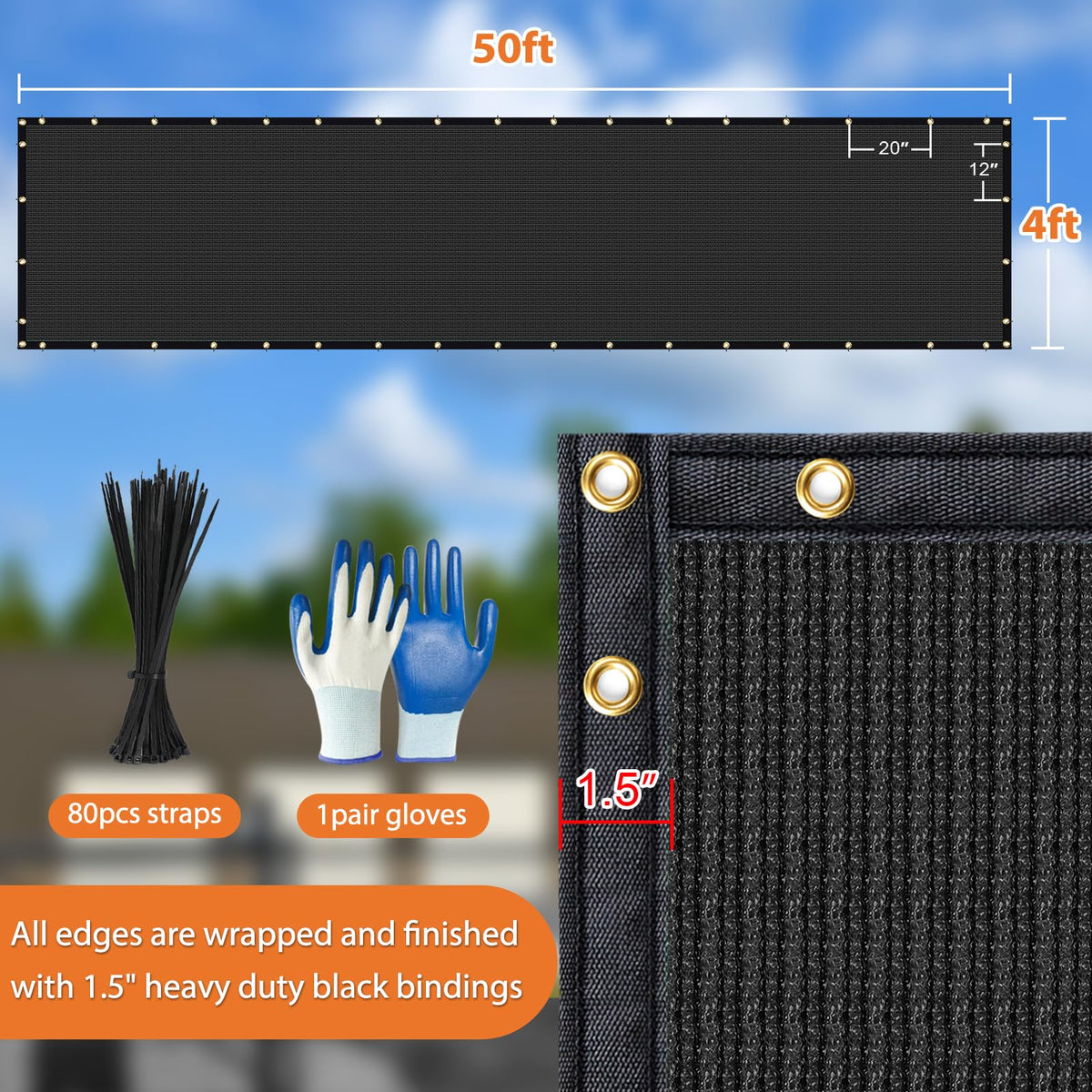 DenForste privacy screen includes zip ties and gloves for quick installation.