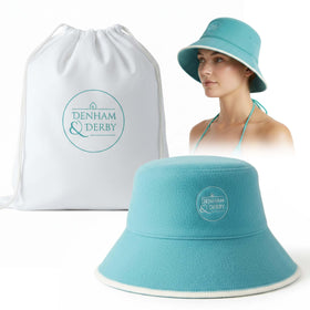 DENHAM & DERBY wool sauna hat blue front view protecting the scalp