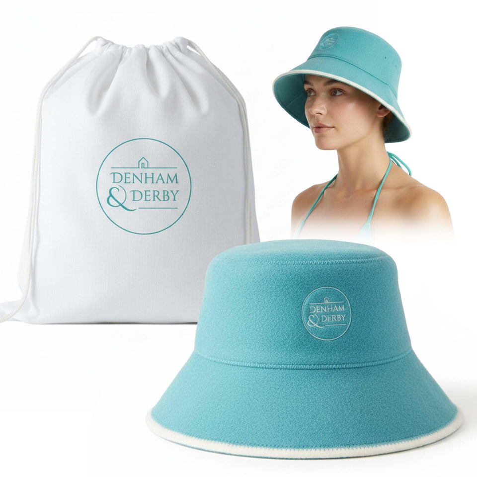 DENHAM & DERBY wool sauna hat blue front view protecting the scalp