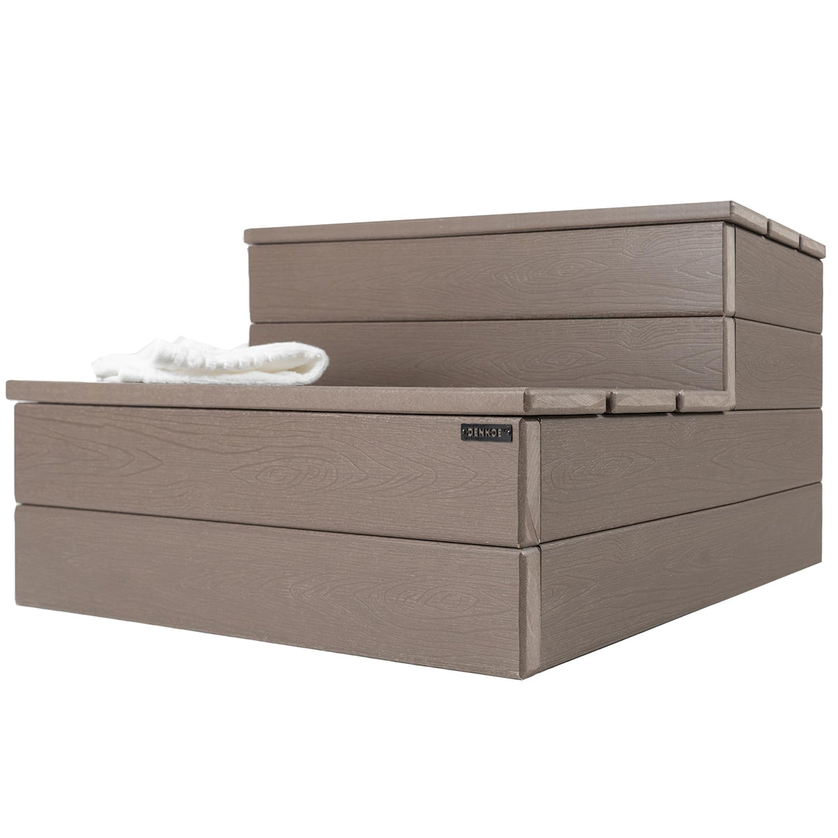 DENKOE hot tub steps wood-look brown side view shows sturdy, water resistant access.