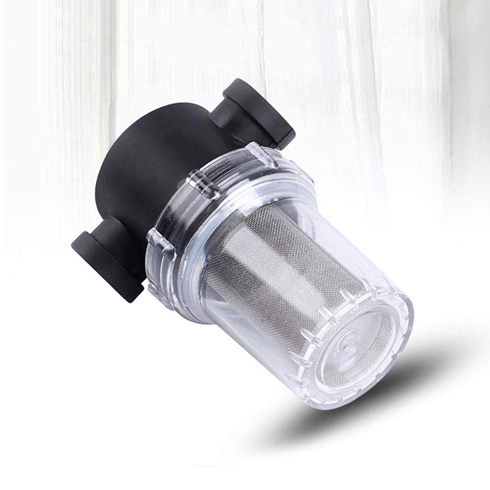 Denpetec water pump filter inline strainer shown during installation and cleaning.