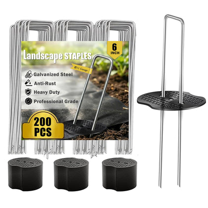 Deritec landscape staples 6-inch, rust-resistant ground anchors for weed barriers.