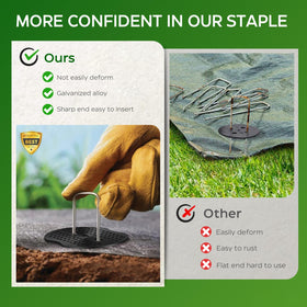 Deritec weed barrier stake holds landscape fabric steadily in windy conditions