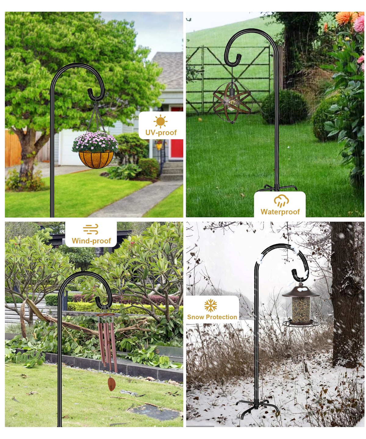 Derkniel hook displays wind chimes and lanterns on a sturdy outdoor stand.