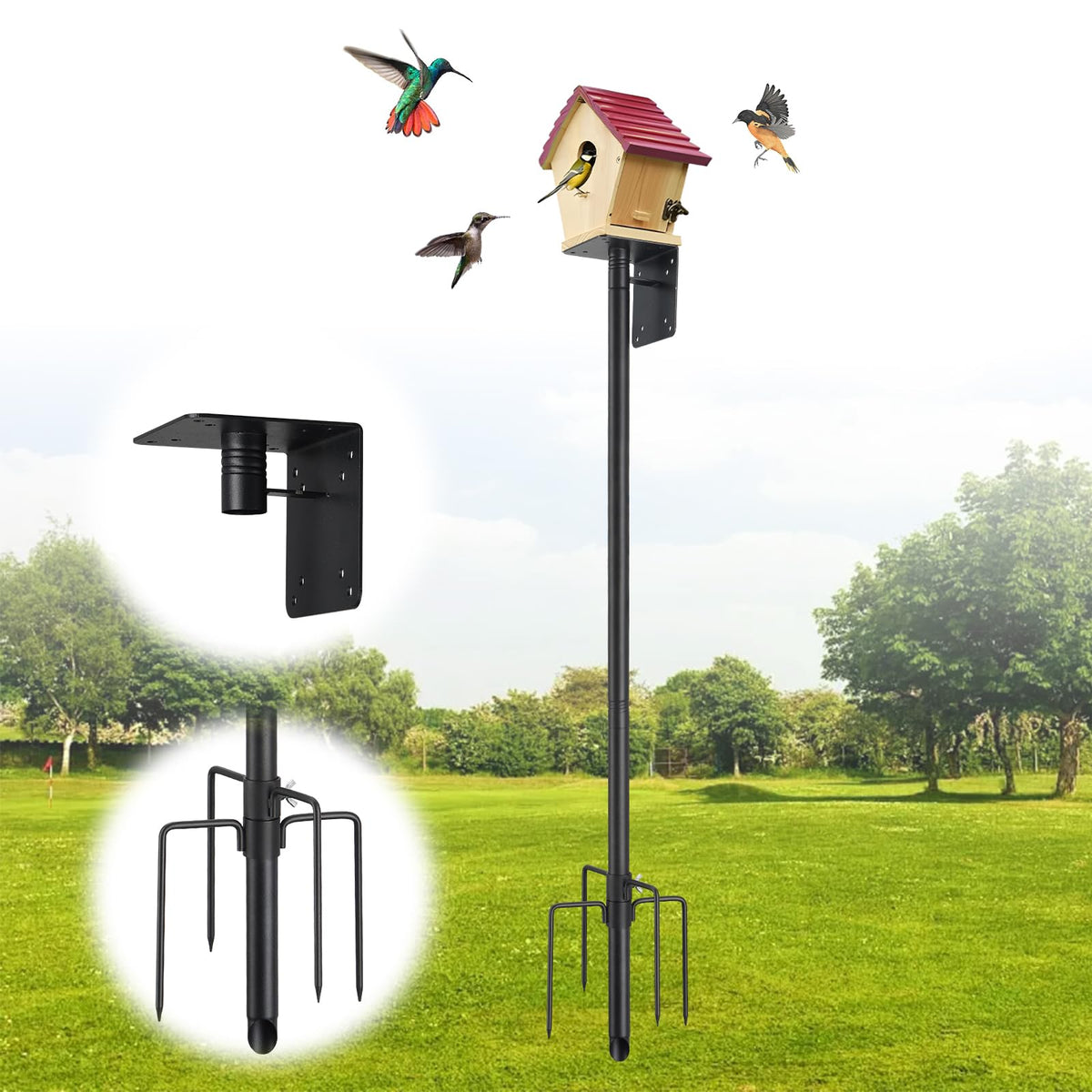 DEROFIT bird house pole base anchors securely for windy yards