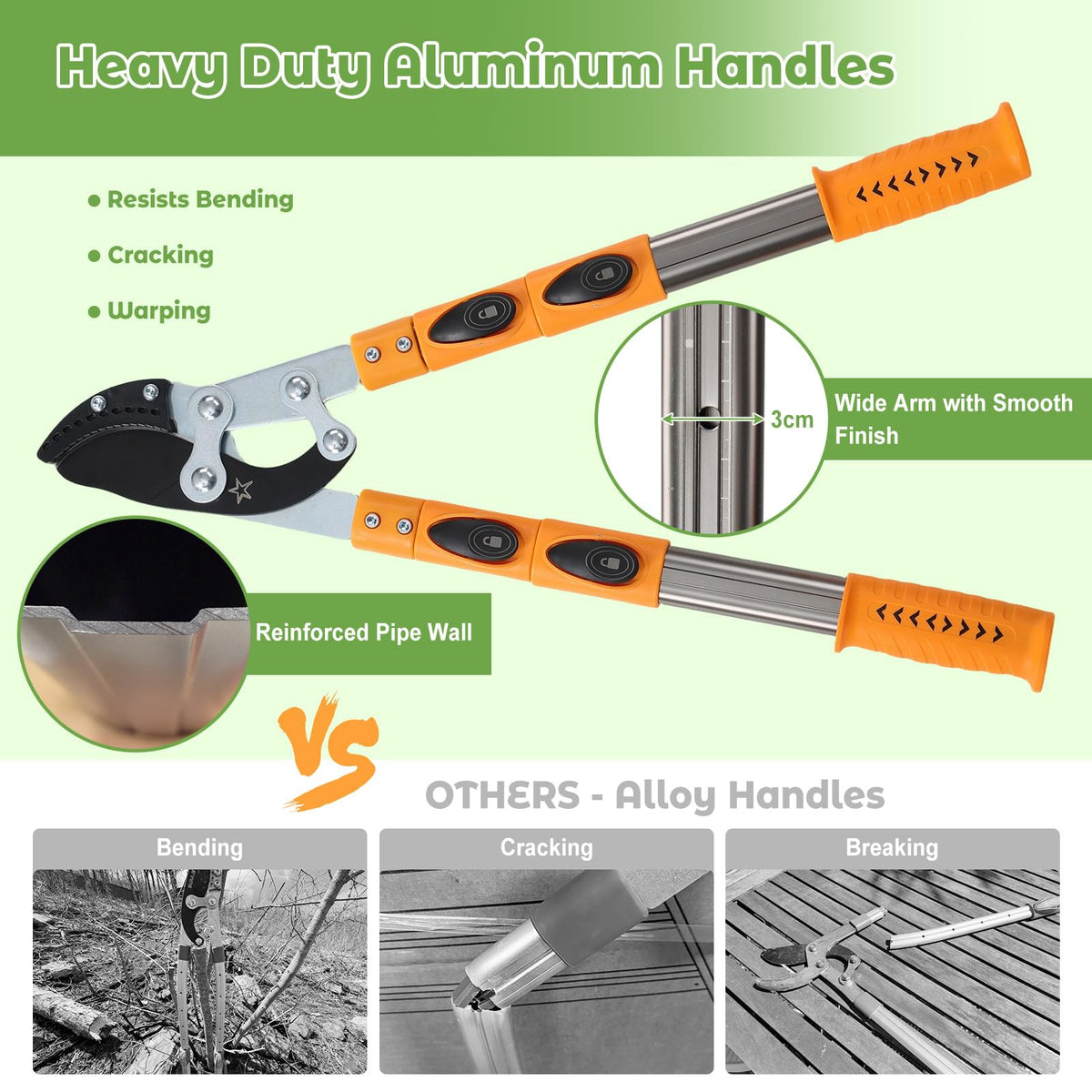 DEROFIT reinforced aluminum handles withstand heavy pruning tasks.