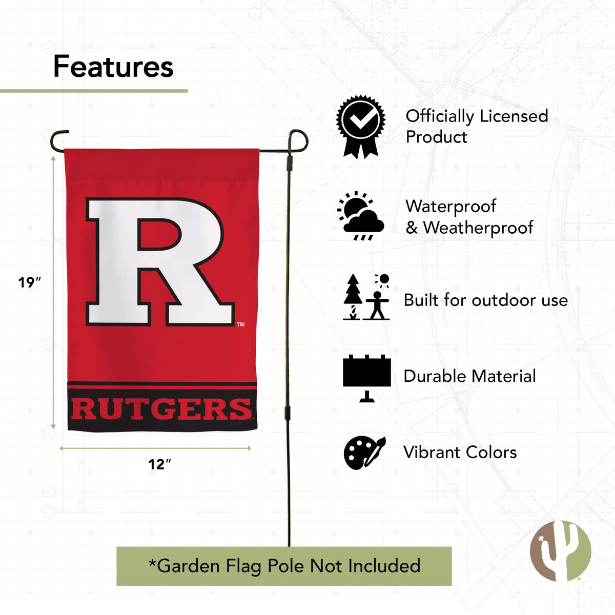Desert Cactus Rutgers R Garden Flag Design A reinforced canvas header boosts durability