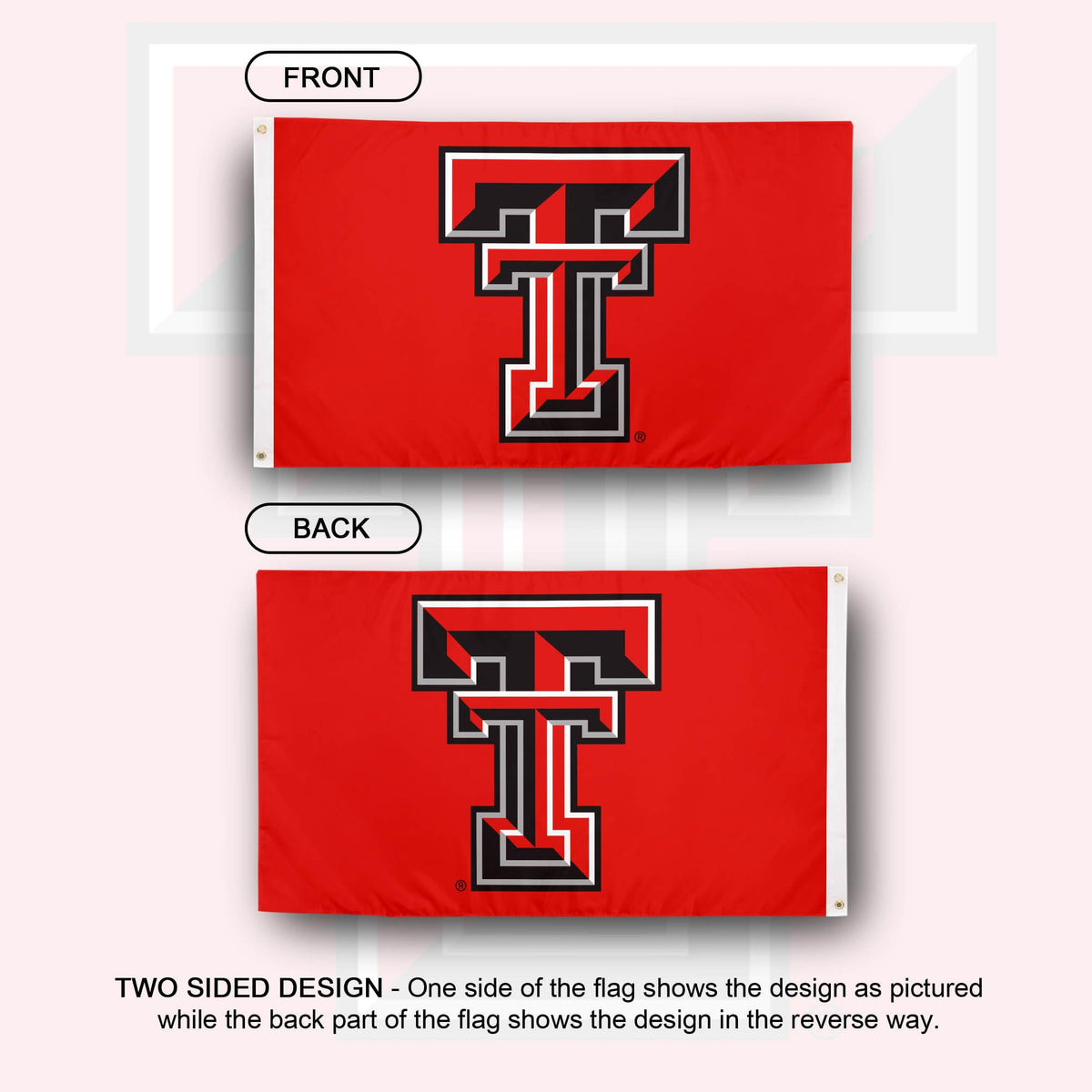Desert Cactus TTU flag back view shows reverse design for dual-angle visibility.