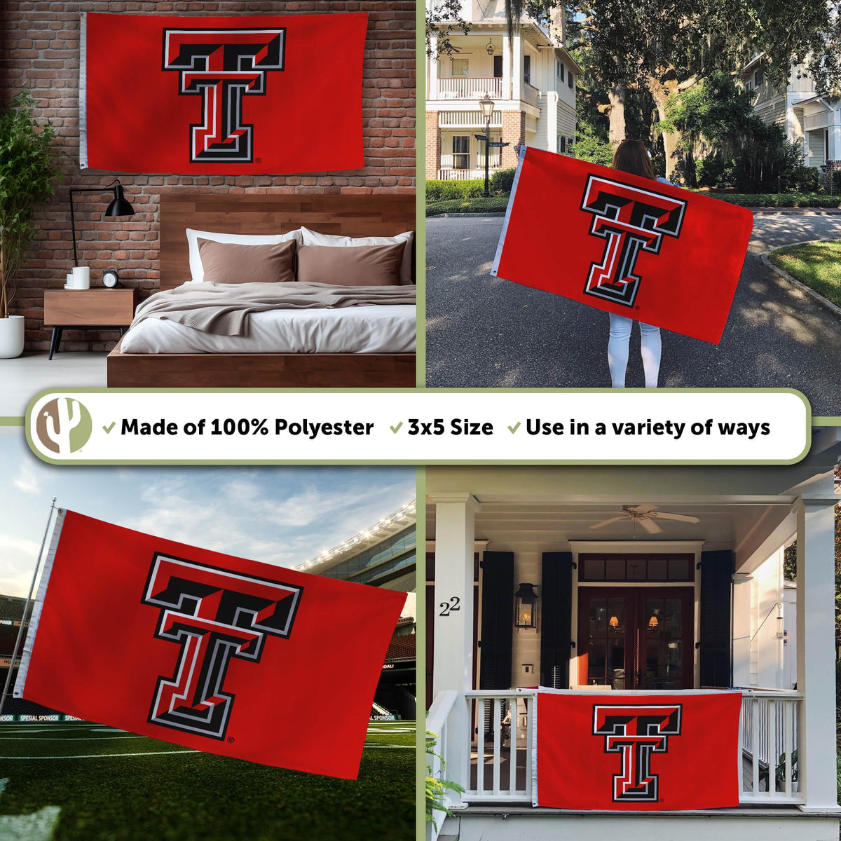 Desert Cactus TTU flag with dual grommets for secure hanging.