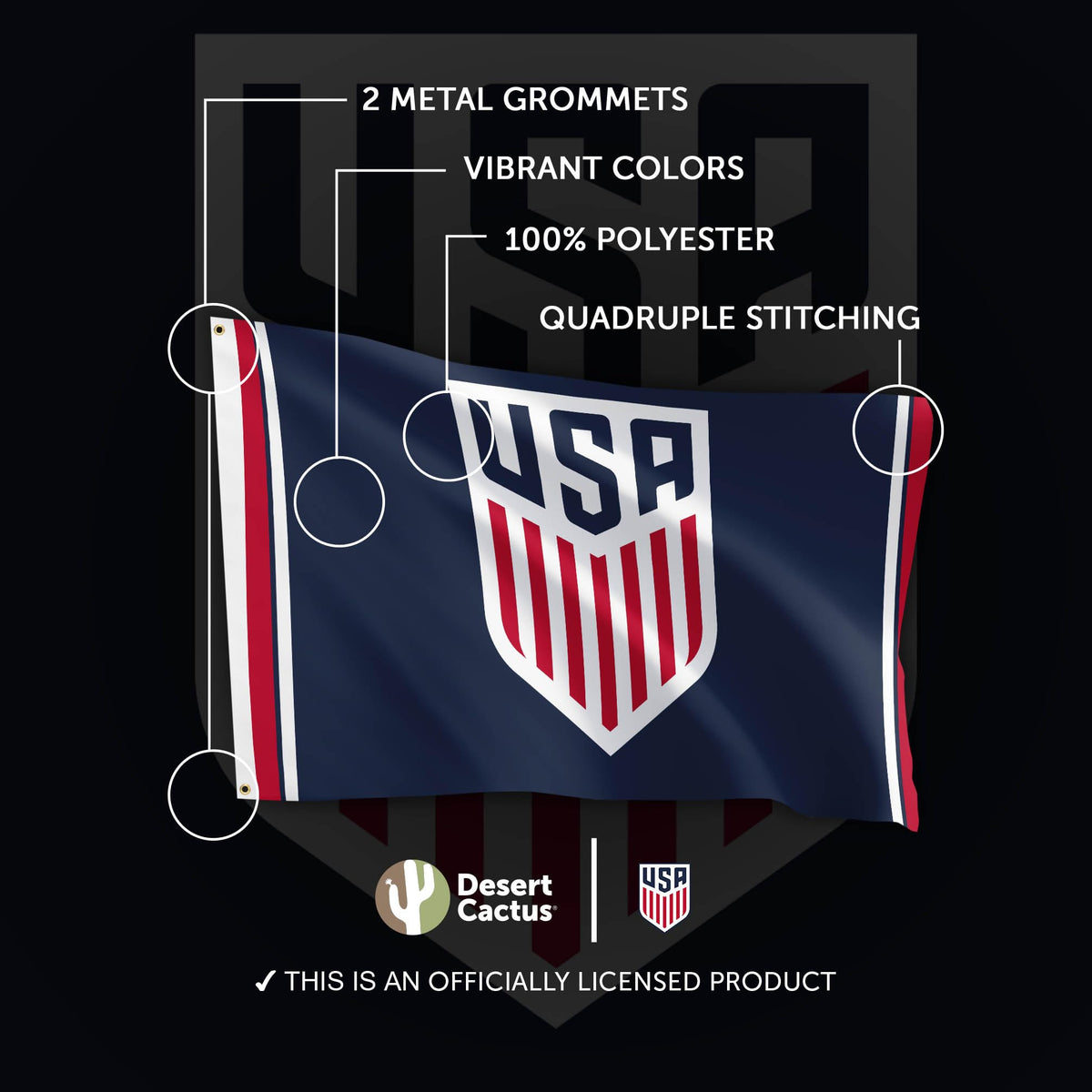 Reinforced canvas header on Desert Cactus US Soccer flag