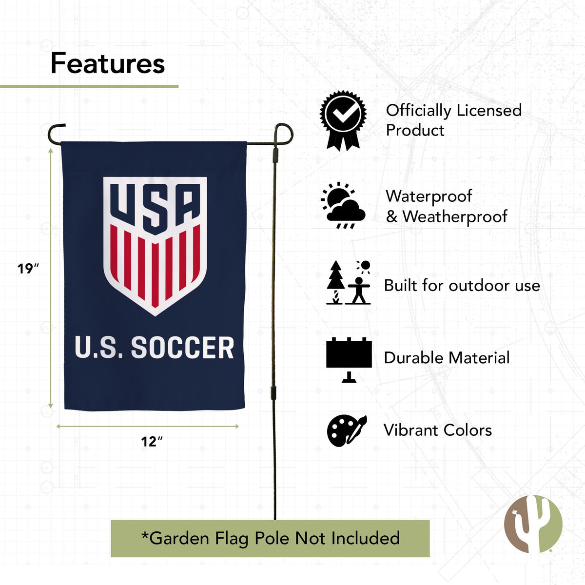 Desert Cactus US Soccer garden flag double-sided design ensures visibility from any angle.