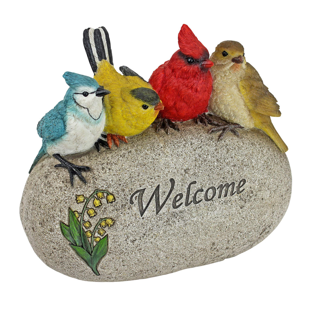 Design Toscano Birdy Welcome stone statue front view featuring four colorful birds for entryway charm.