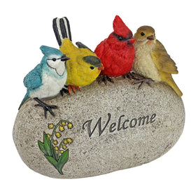 Design Toscano Birdy Welcome stone statue front view featuring four colorful birds for entryway charm.