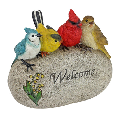 Design Toscano Birdy Welcome stone statue front view featuring four colorful birds for entryway charm.