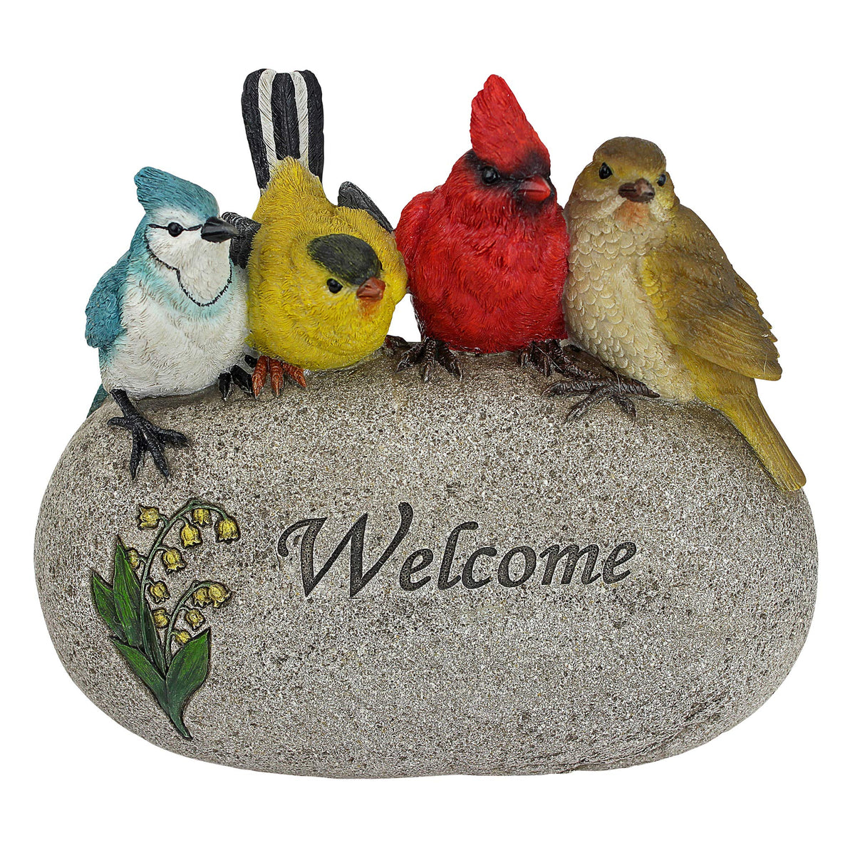 Design Toscano Birdy Welcome stone statue side view highlighting durable resin and UV finish.