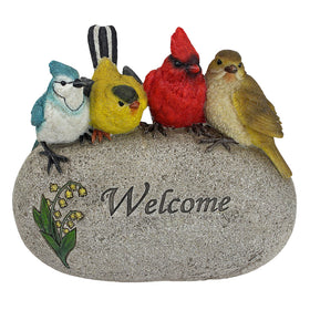 Design Toscano Birdy Welcome stone statue side view highlighting durable resin and UV finish.
