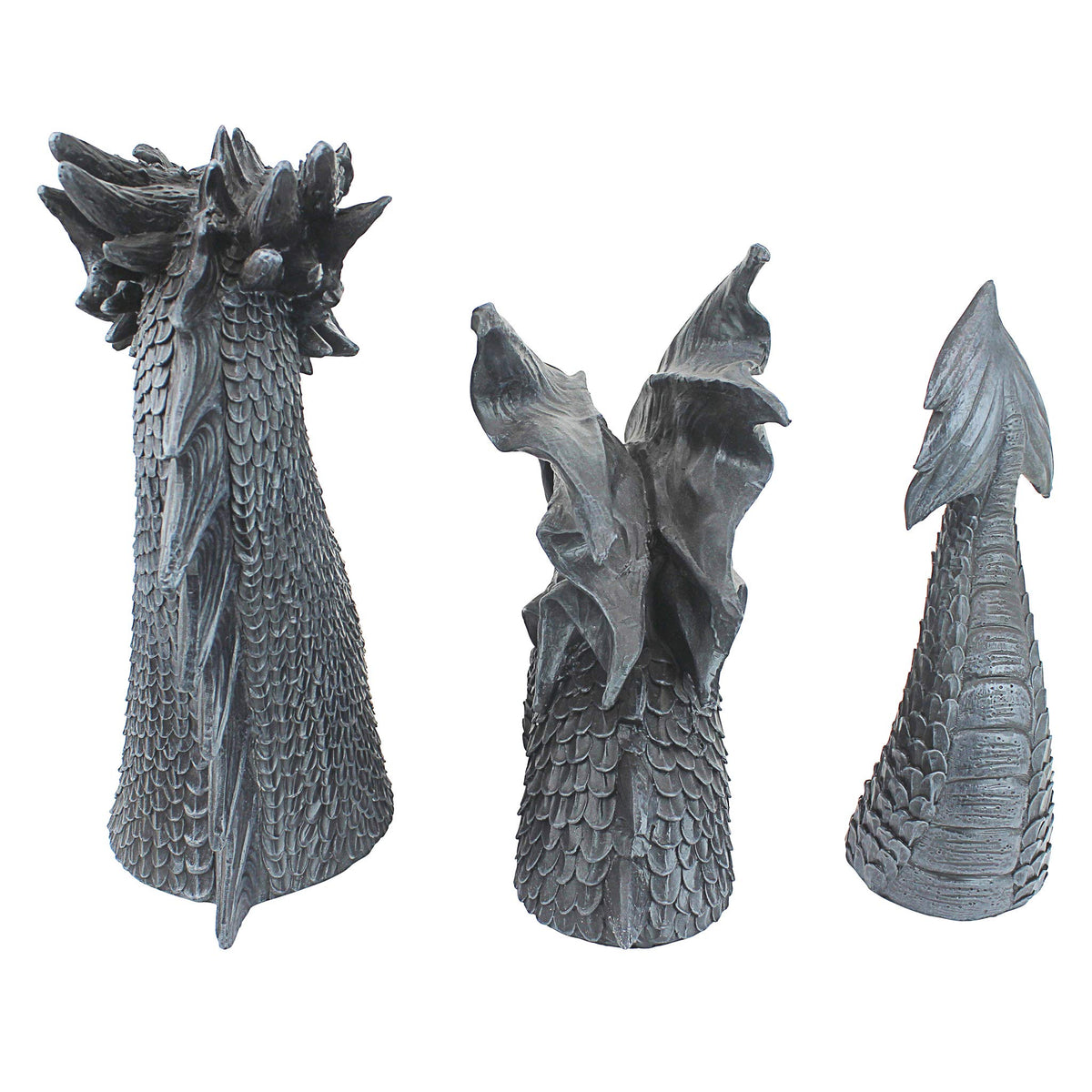 Design Toscano dragon gray stone finish complements traditional garden aesthetics.