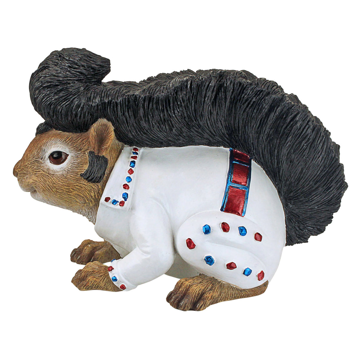Design Toscano Elmer statue side view, bejeweled jumpsuit detail for unique shelf decor
