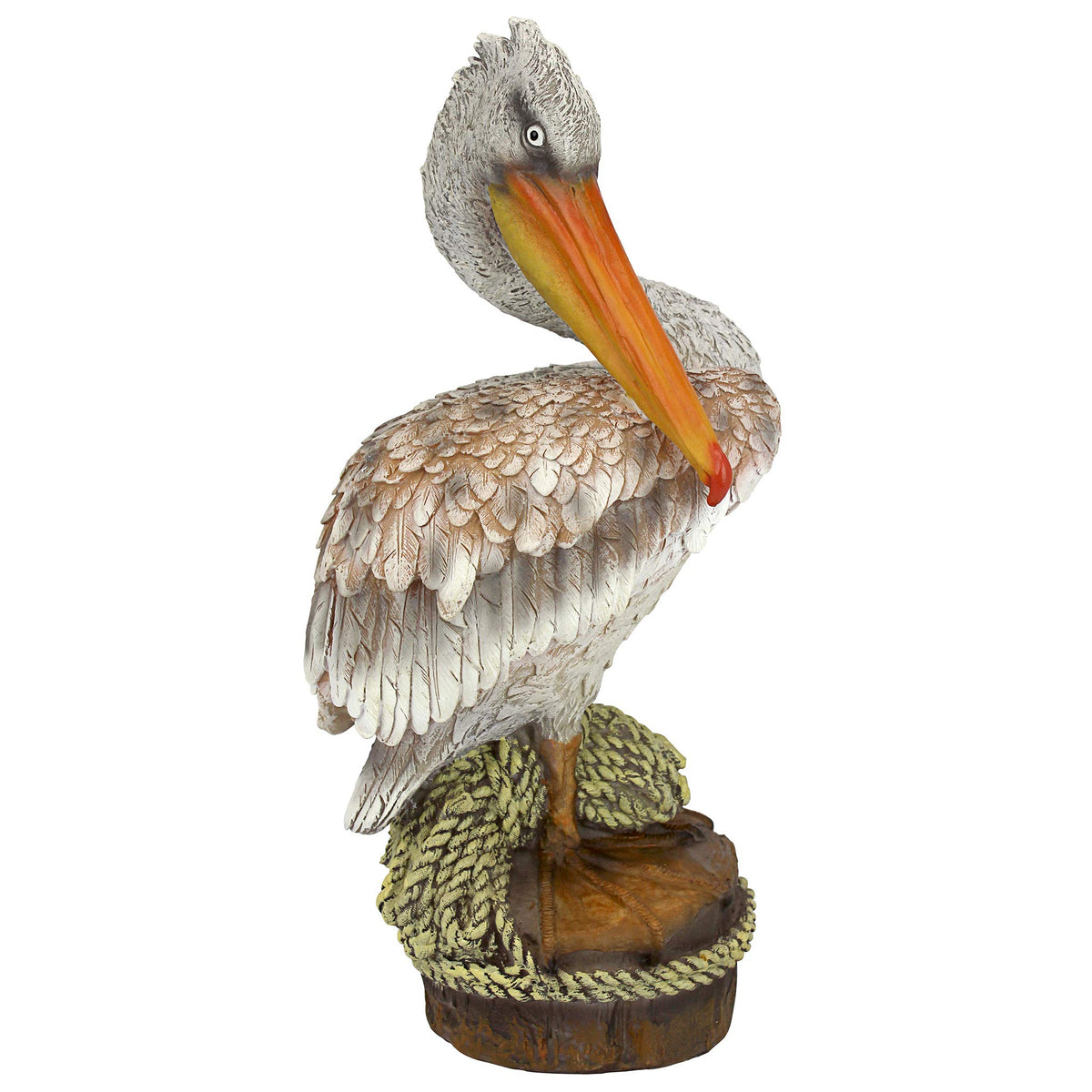 Design Toscano Ocean Side Pier 51 Pelican statue, front view with wood pilings and rope detail—ideal yard decor.