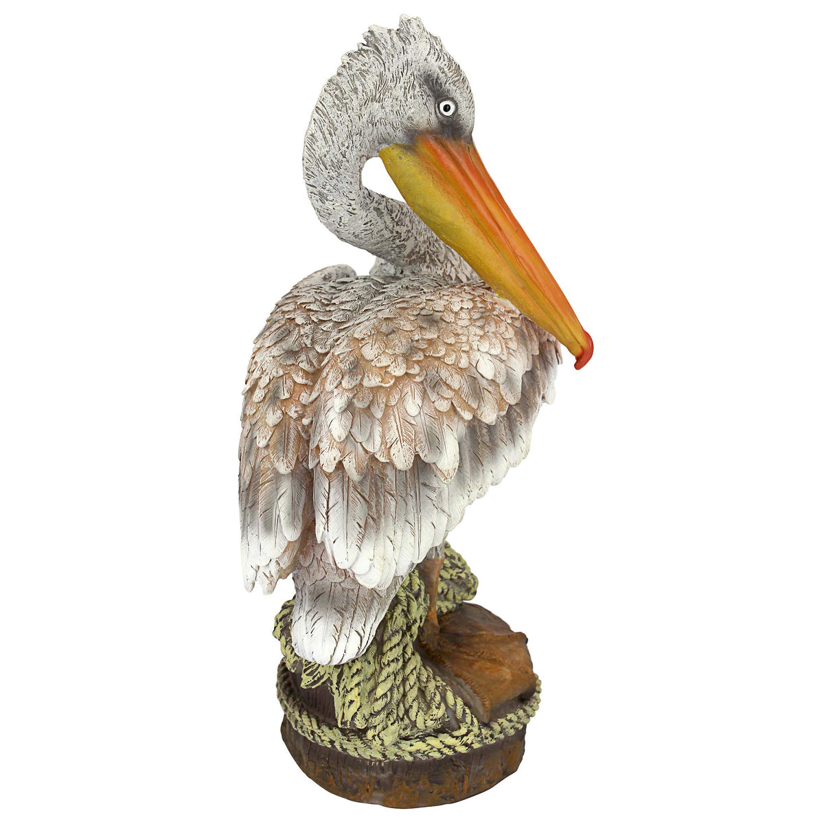 Design Toscano pelican statue, garden display enhances seaside ambiance.