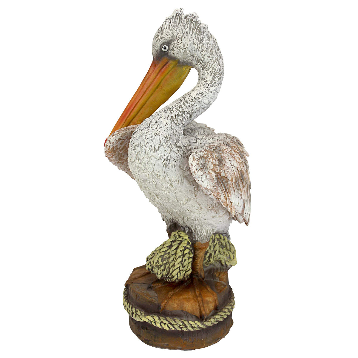 Design Toscano pelican statue, rope detail close-up—accent for poolside or porch corners.