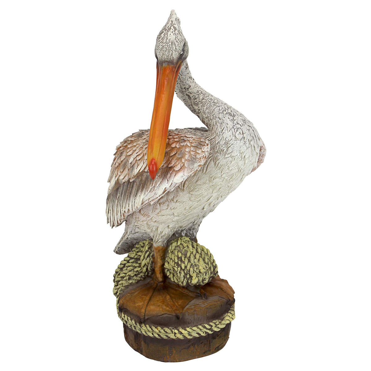 Design Toscano pelican statue, side view highlighting textured feathers for coastal-themed indoor display.