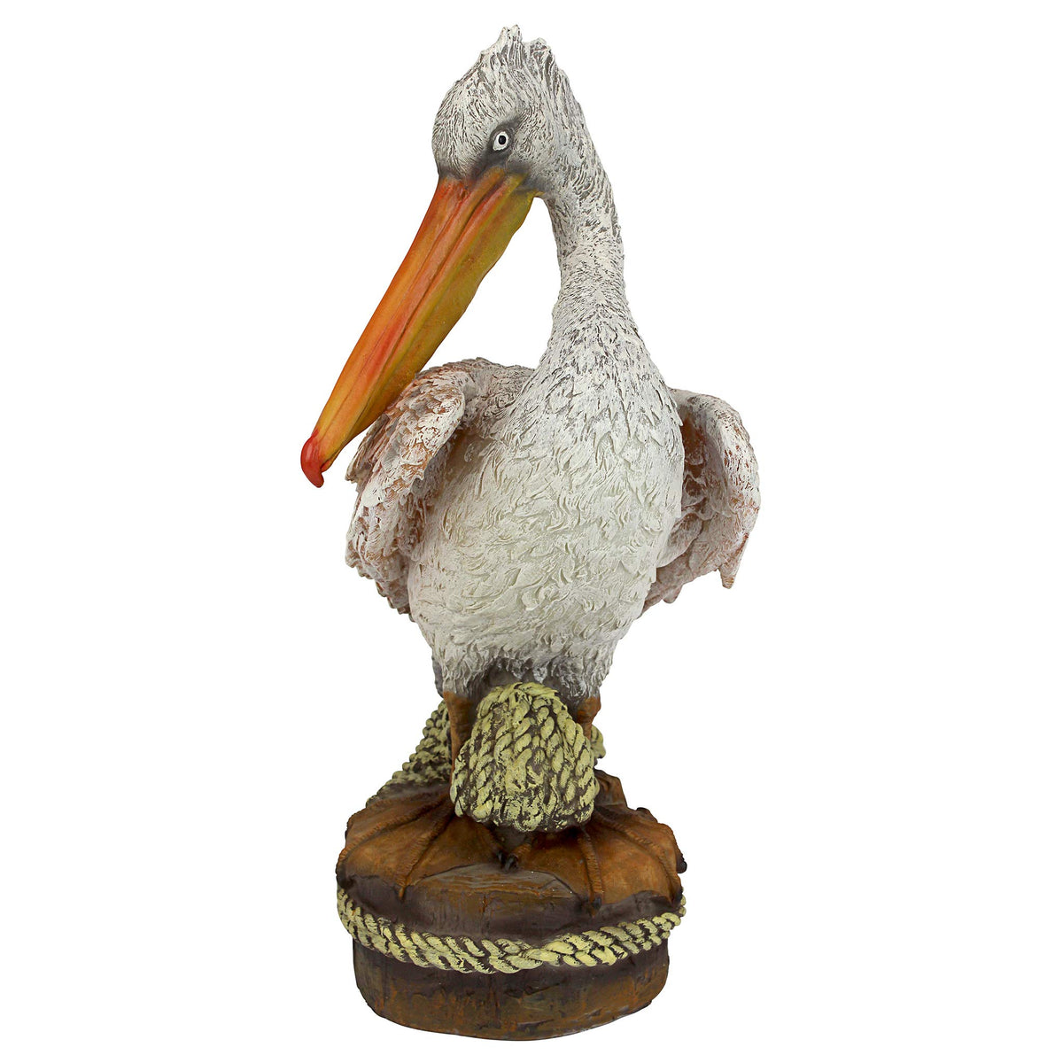 Design Toscano pelican statue, wood pilings detail—adds seaside charm to garden or patio.