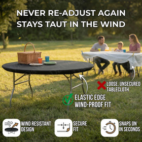 Designs by DaVal Kwik-Covers elastic edge for secure, wrinkle-free tables.