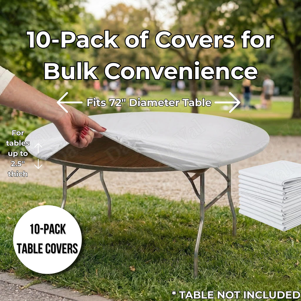 Kwik-Covers elastic edge keeps round table covers taut for outdoor events.