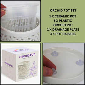 DESQUIGGLE orchid pot packaged in gift-ready box with orchid motif.