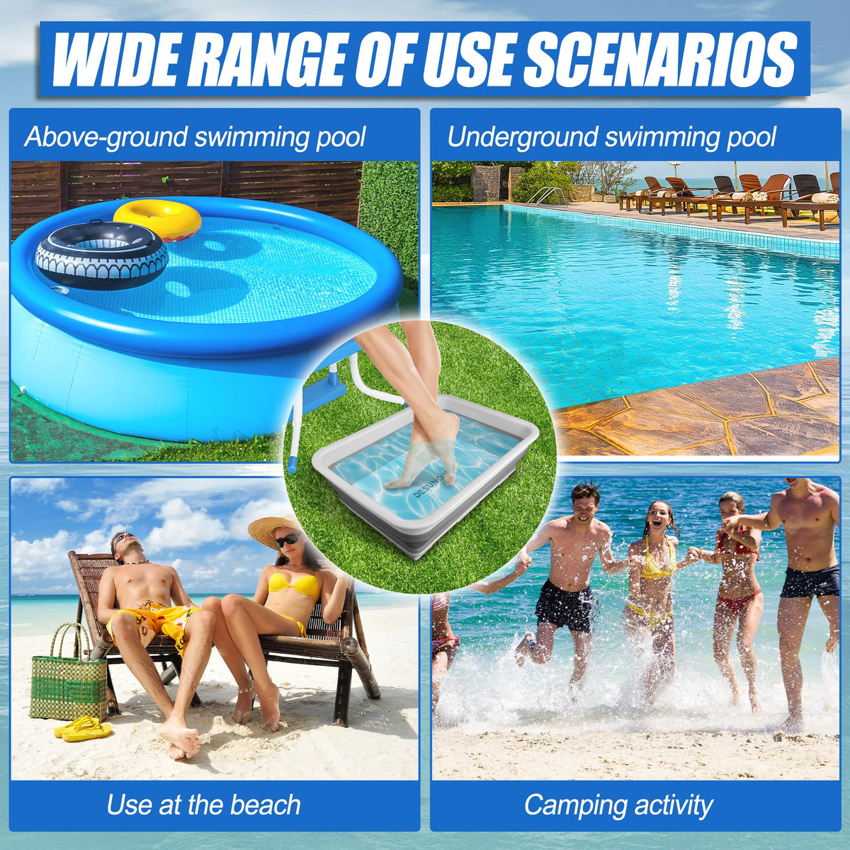 Desunqin foot bath helps rinse feet before entering water.