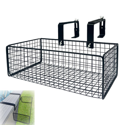 Desunqin metal poolside basket attached to square top rail for organized poolside storage.