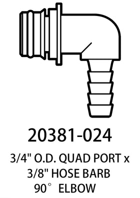 Detoria quad port fittings with 3/8-inch hose barb for secure connections.