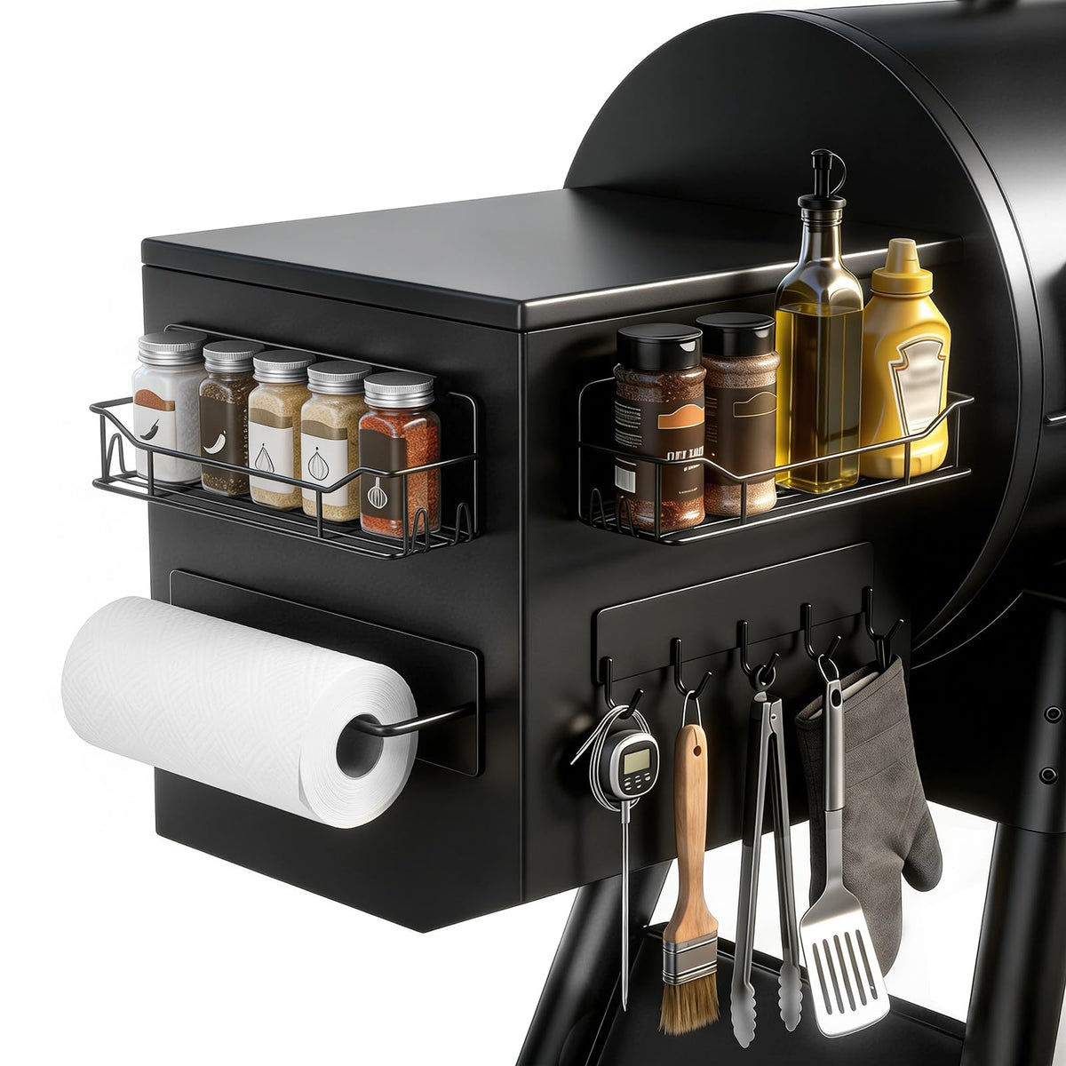 Detukna magnetic grill caddy secured to pellet hopper for organized grilling