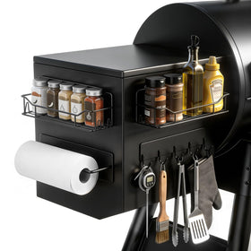 Detukna magnetic grill caddy secured to pellet hopper for organized grilling
