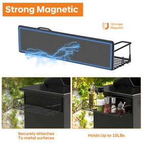 Detukna storage bins attached to grill offer easy access to sauces and tools