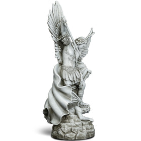 DevotedWalls Saint Michael indoors beside shelf or fireplace.