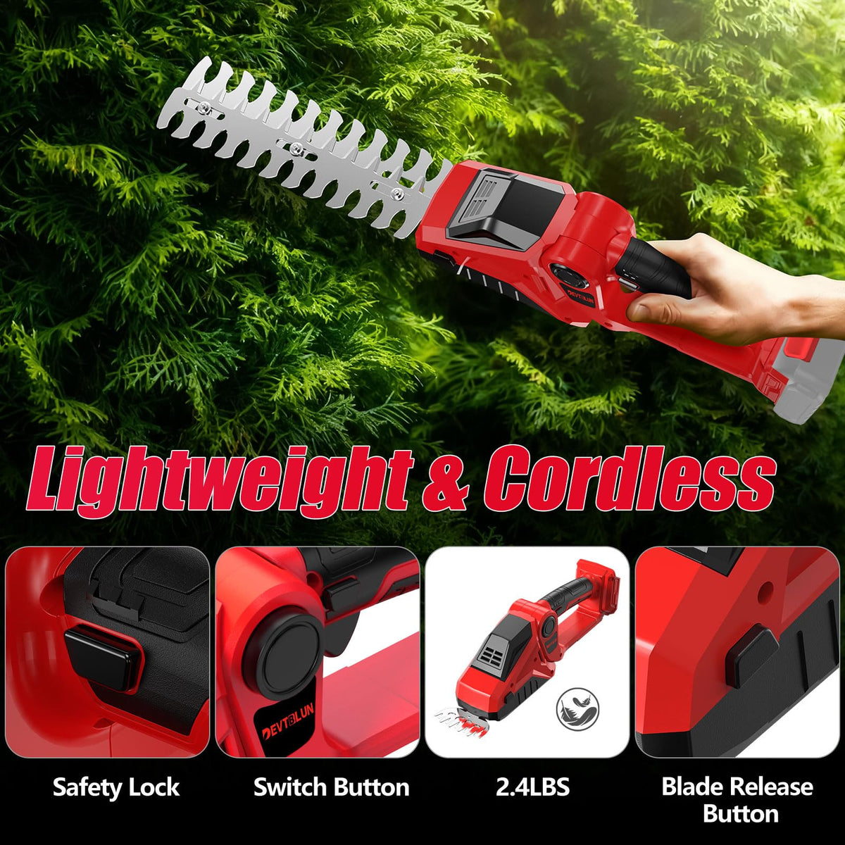Ultra-lightweight DEVTBLUN hedge trimmer at 2.4 pounds for easy handling