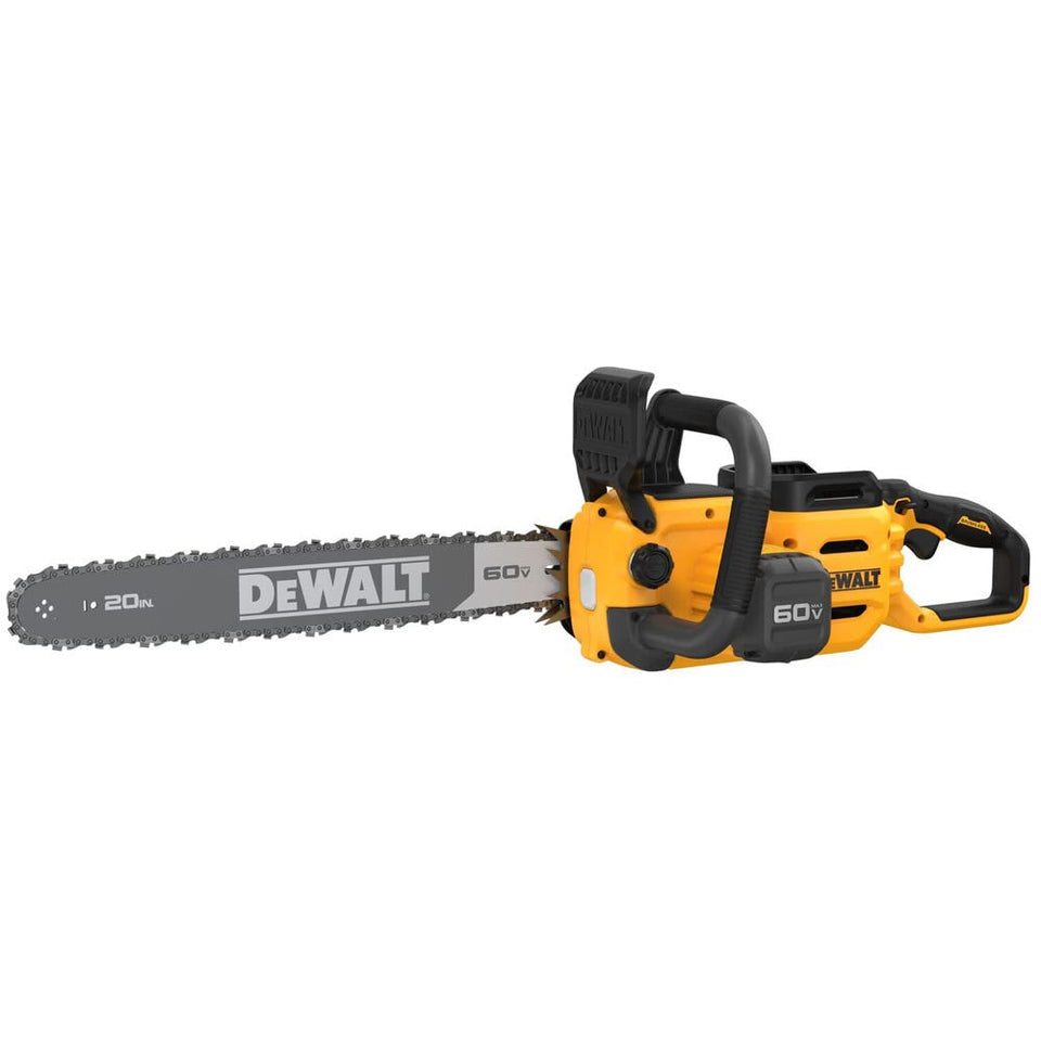 DEWALT 60V FLEXVOLT chainsaw cutting wood efficiently on site