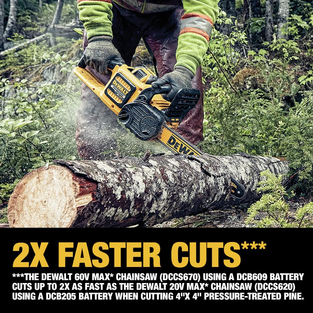 DEWALT 16-inch Oregon bar and chain shown for construction and outdoor cutting.