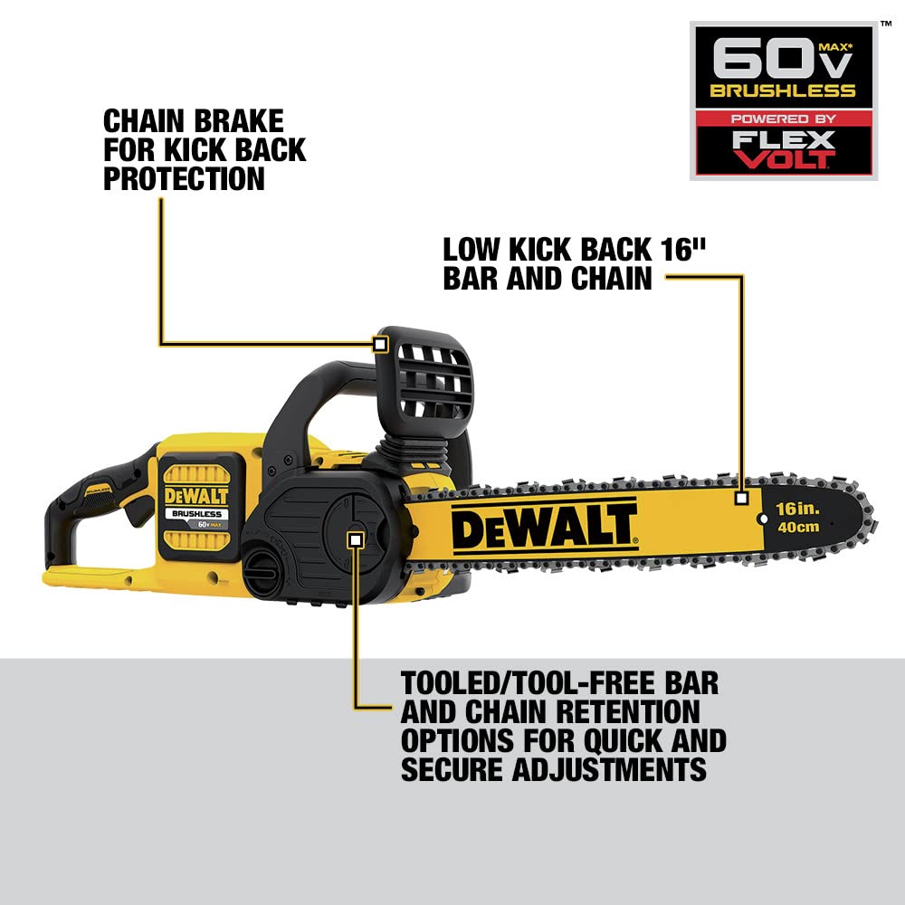 DEWALT chain tensioning knob for quick, tool-free bar tightening.