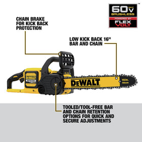 DEWALT chain tensioning knob for quick, tool-free bar tightening.