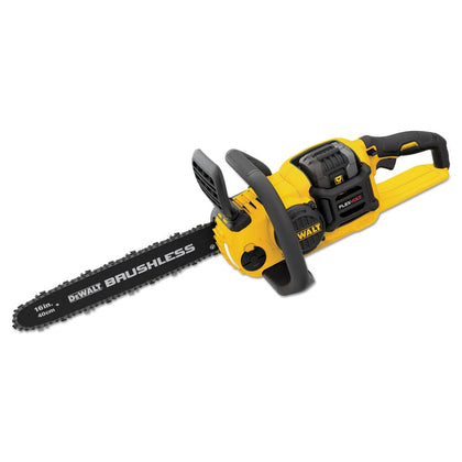 DEWALT FLEXVOLT 60V Max chainsaw front view with 16-inch Oregon bar for outdoor cutting.