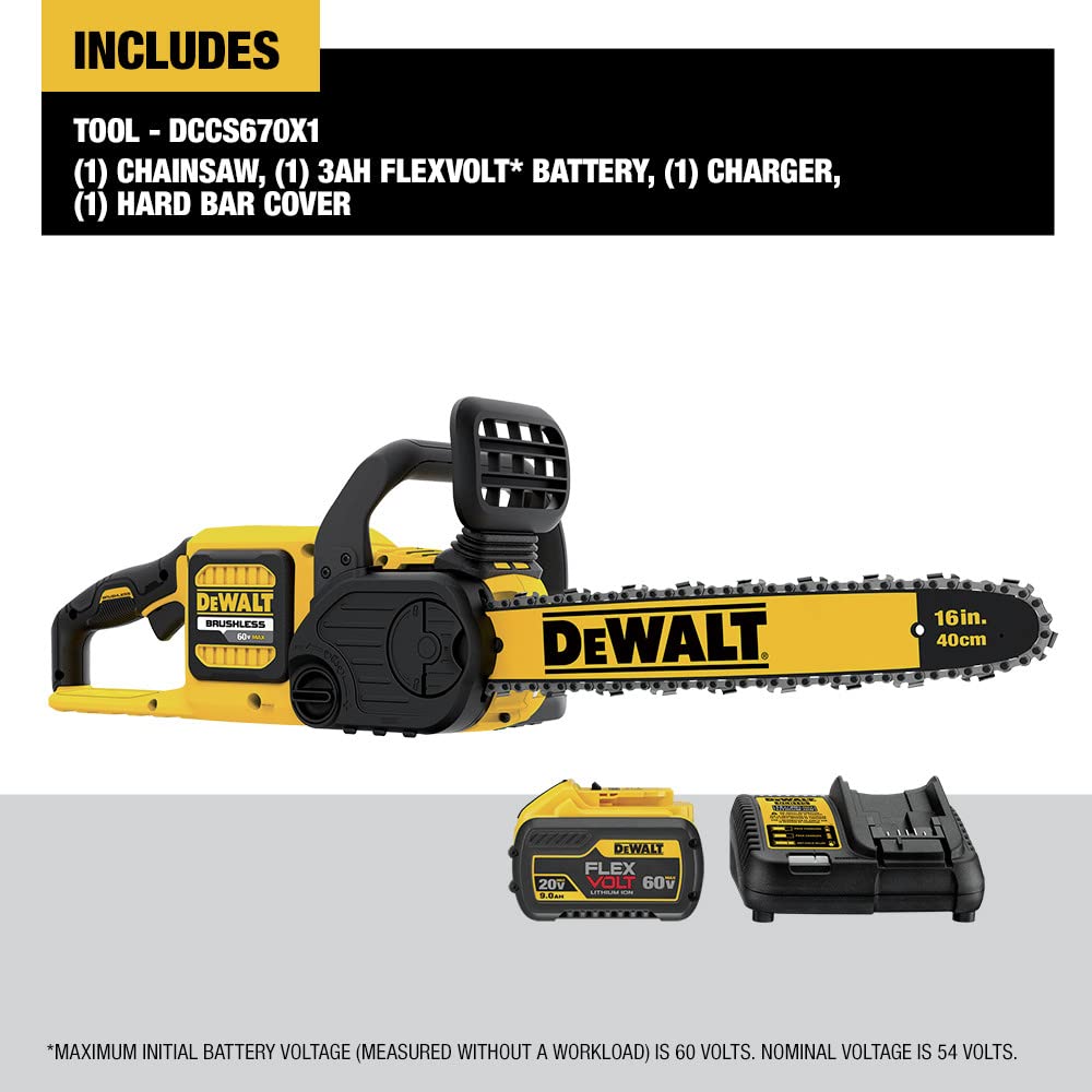 DEWALT FLEXVOLT 60V Max chainsaw side view showing ergonomic grip and tensioning knob.