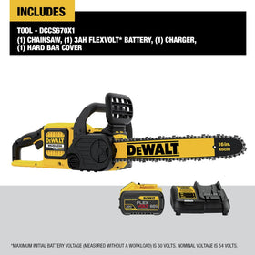 DEWALT FLEXVOLT 60V Max chainsaw side view showing ergonomic grip and tensioning knob.